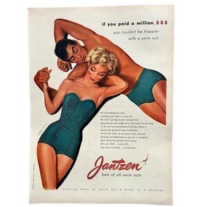 VINTAGE 1950s Jantzen Advertising art. Full page ad, vivid Swimsuit beach pin up
